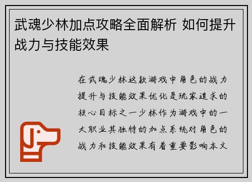 武魂少林加点攻略全面解析 如何提升战力与技能效果